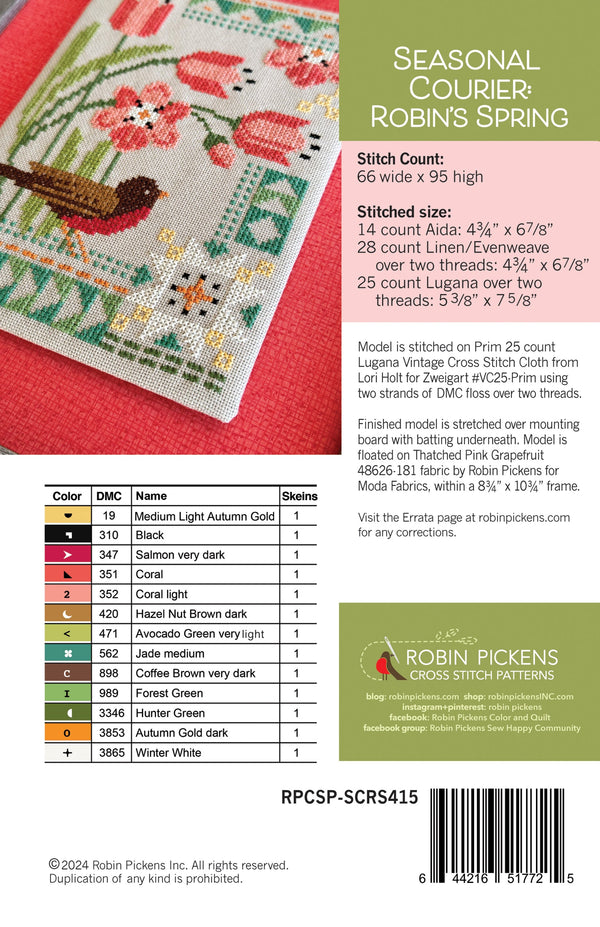 Seasonal Courier Cross Stitch Pattern - Robin's Spring - Stitched