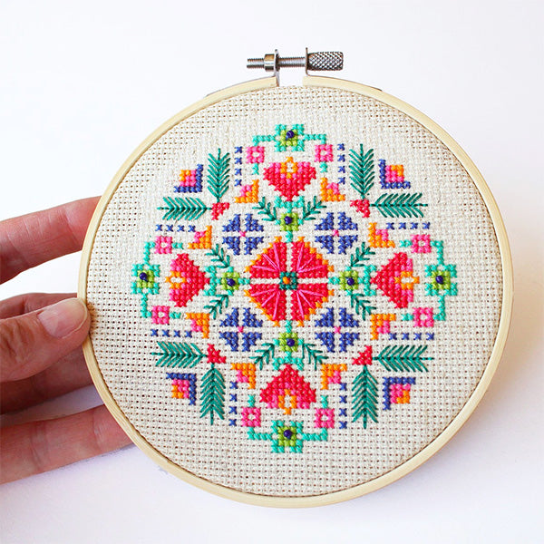 Scandinavian embroidery blue, white and red flower and green