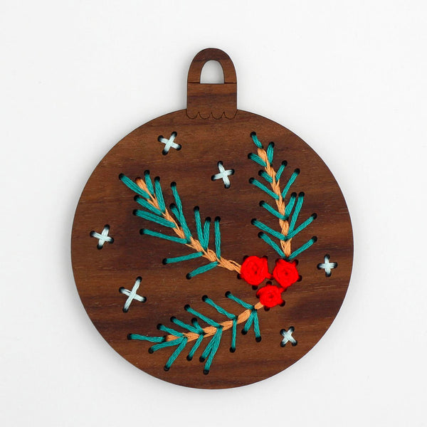 Hand Embroidered Wood Ornament Kit Pine Branch Stitched Modern
