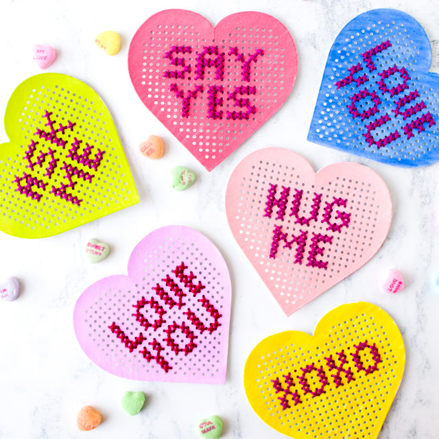 DIY cross stitch conversation hearts for Valentine's Day