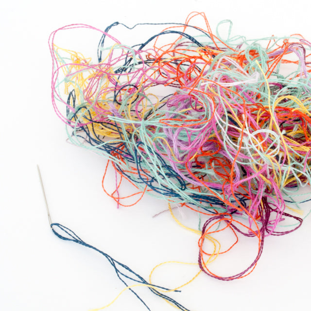 A large, colorful tangle of embroidery threads next to a threaded needle on a white background.