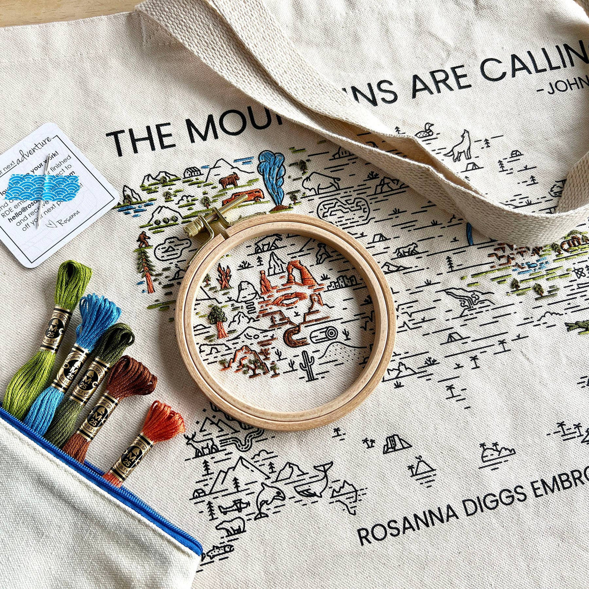 Tote Bag Hand Embroidery Kit - The Mountains Are Calling