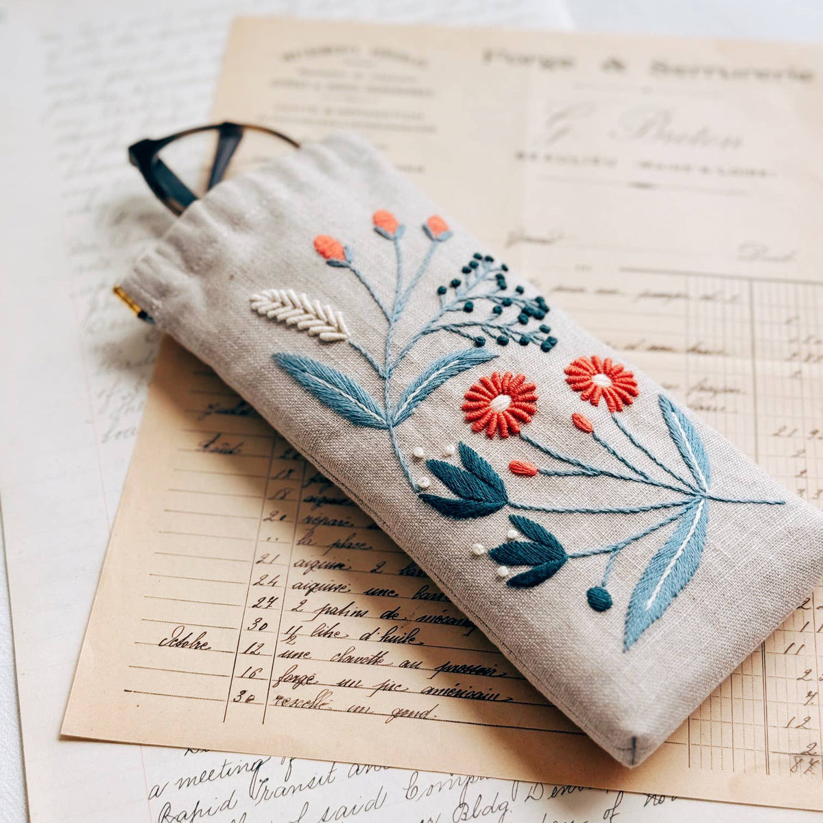 Wildflower Hand Embroidered Eyeglass Case Pattern-Stitched Modern