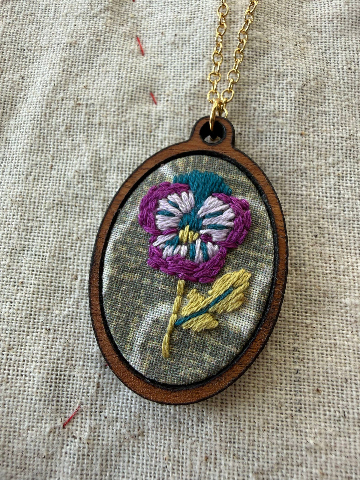 Hand Embroidery Necklace Kit - Purple Pansy-Stitched Modern