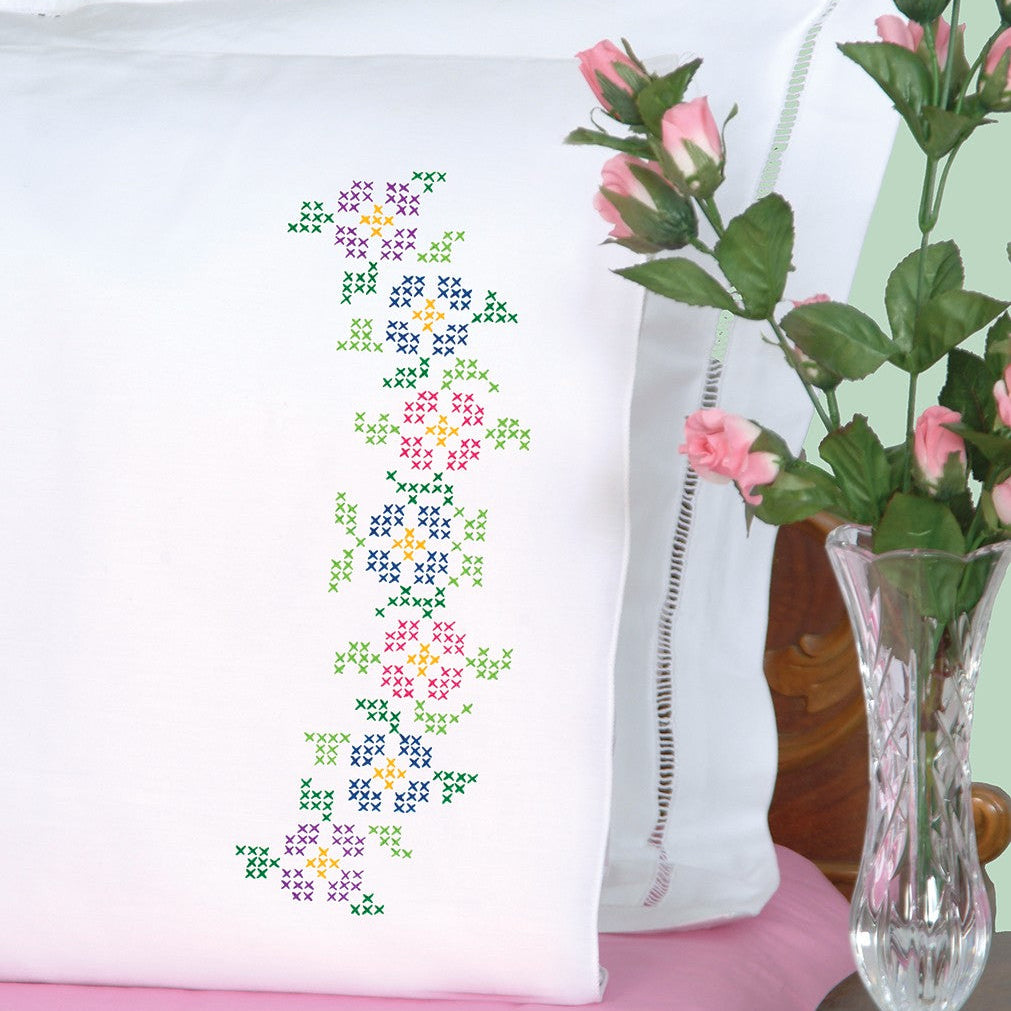 Stamped Cross Stitch Pillowcase Pair - Flowers