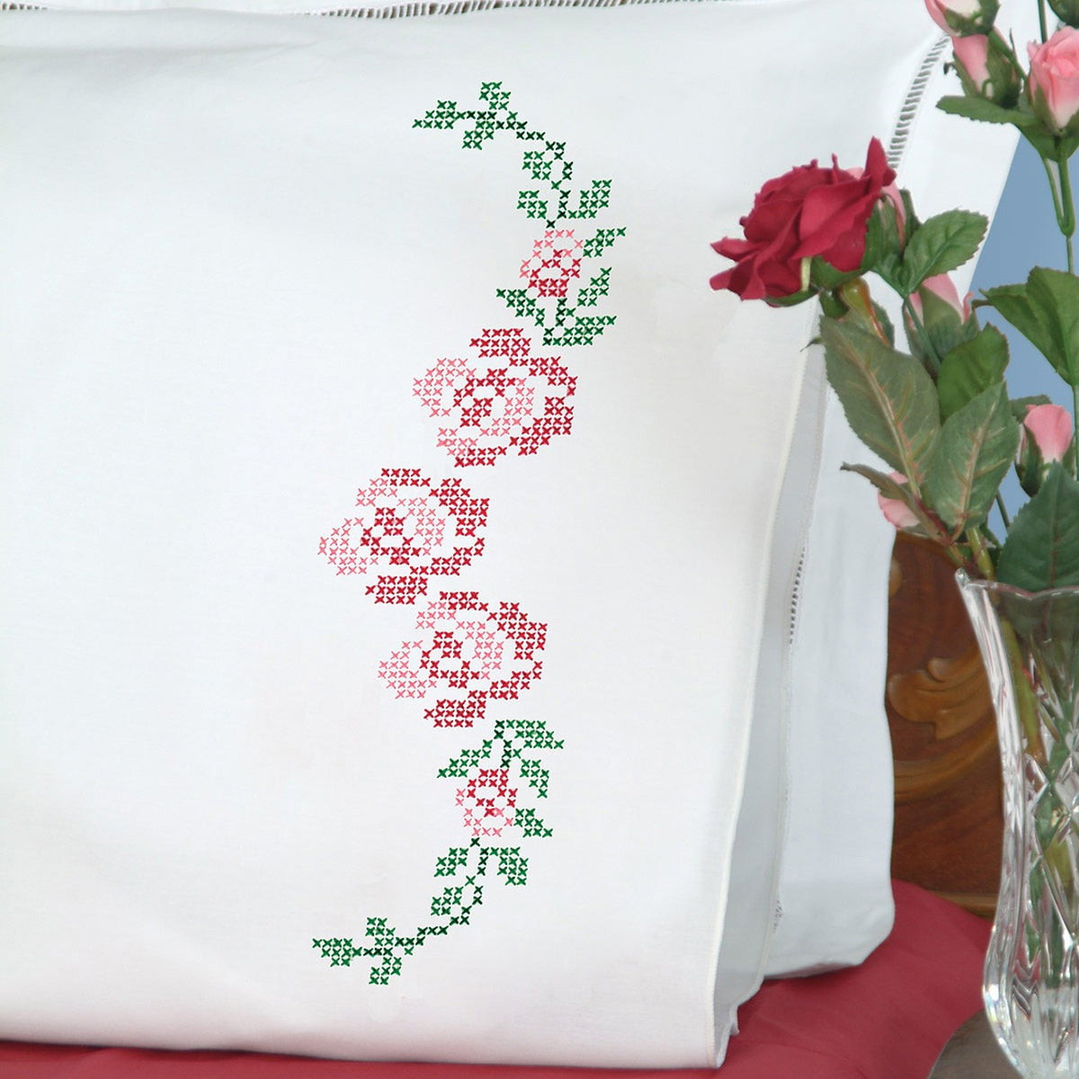 Stamped Cross Stitch Pillowcase Pair - Rose Vine