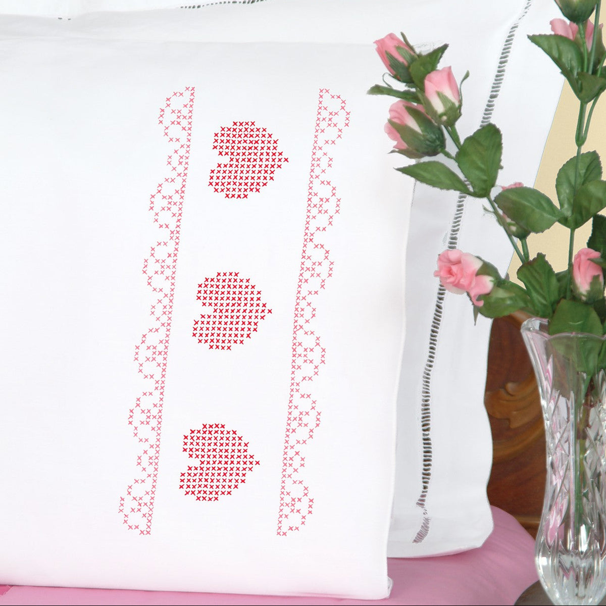 Stamped Cross Stitch Pillowcase Pair - Heart and Lace