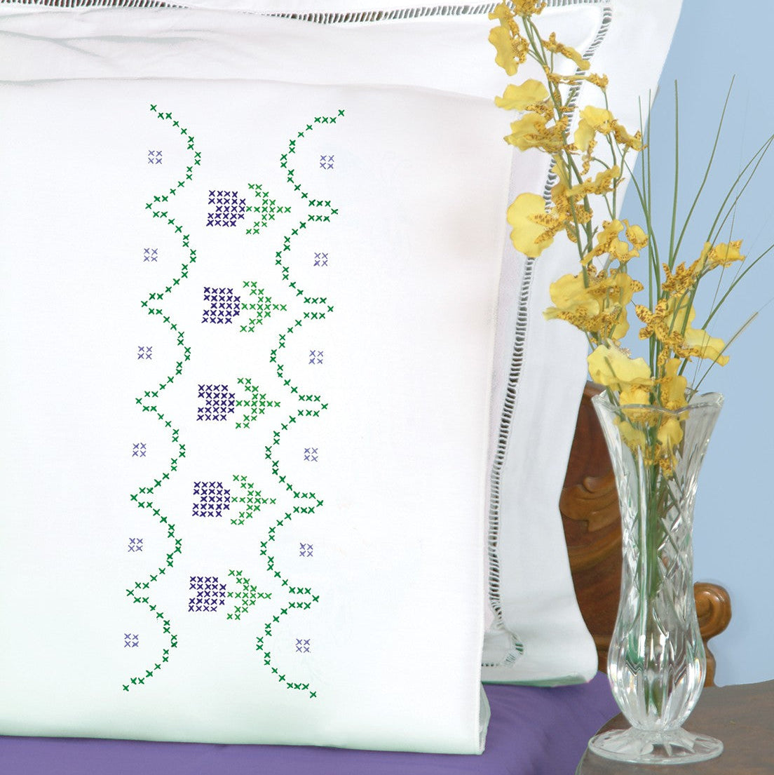 Stamped Cross Stitch Pillowcase Pair - Tulips