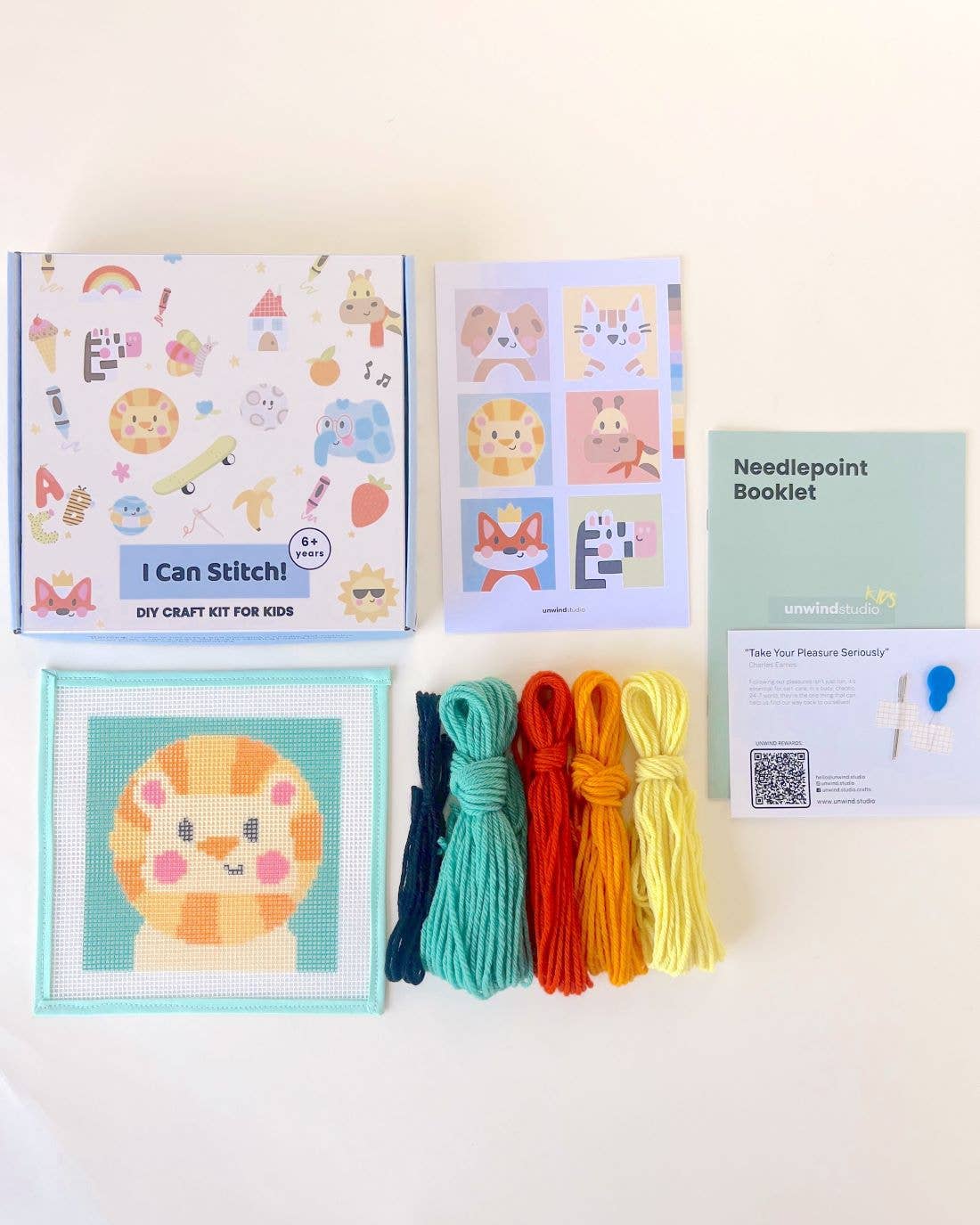 Needlepoint Kit for Kids - Leonardo, the Lion-Stitched Modern