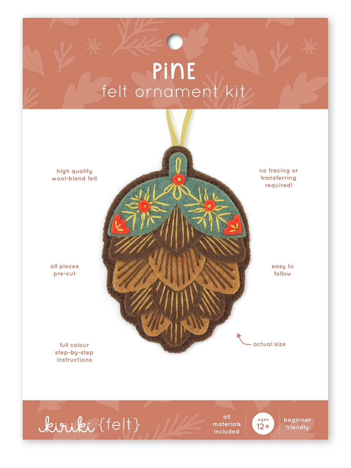 Hand Embroidered Felt Ornament Kit - Pinecone