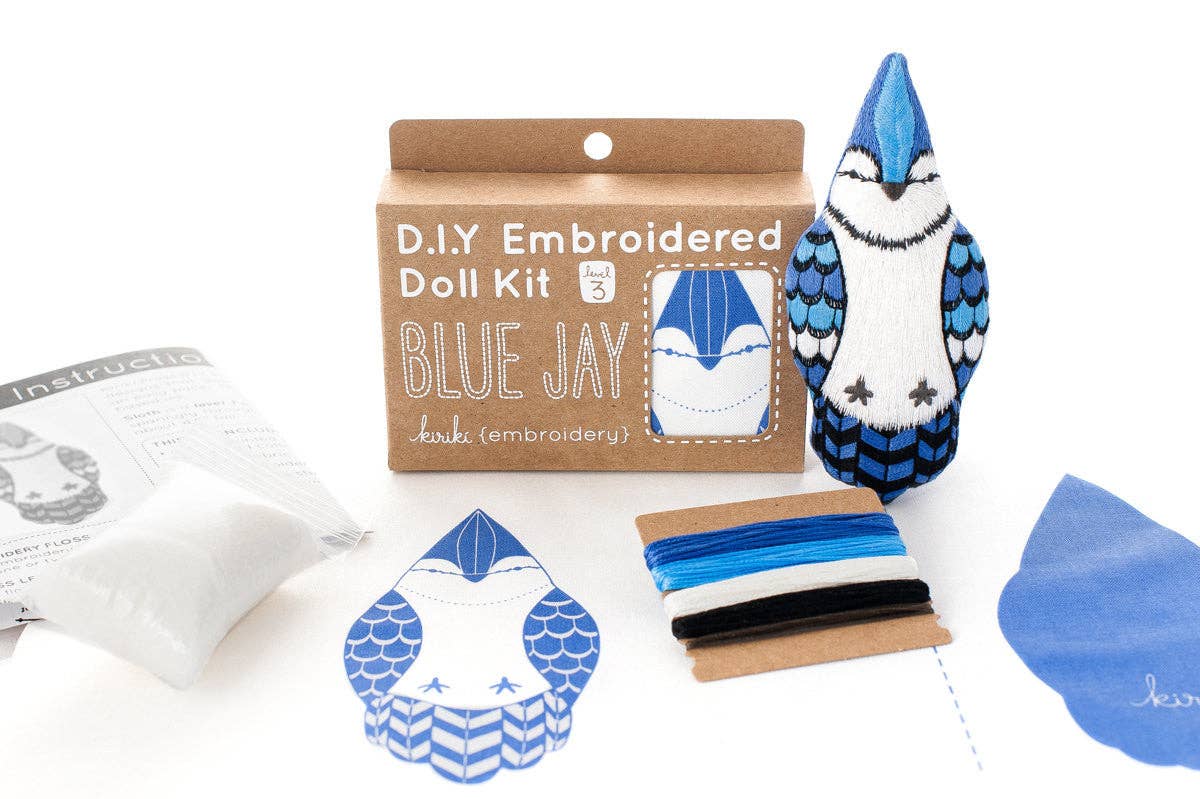 Hand Embroidered Plushie Doll Kit - Blue Jay-Stitched Modern