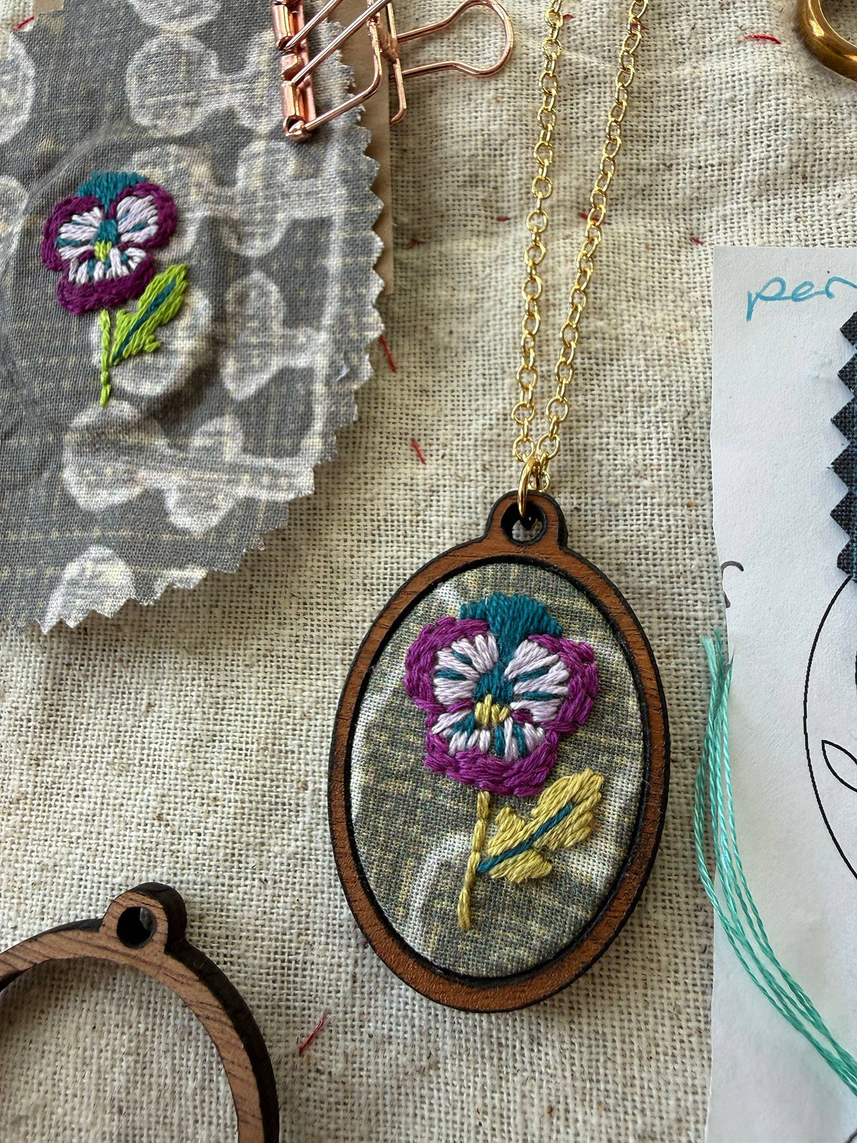 Hand Embroidery Necklace Kit - Purple Pansy-Stitched Modern