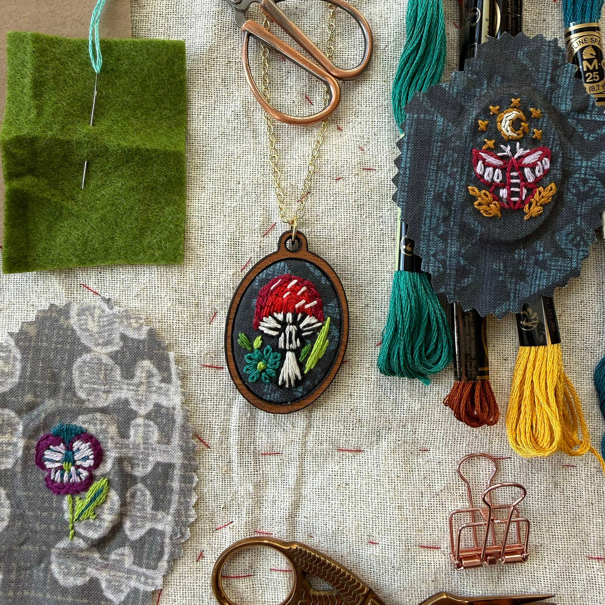 Hand Embroidery Necklace Kit - Mushroom