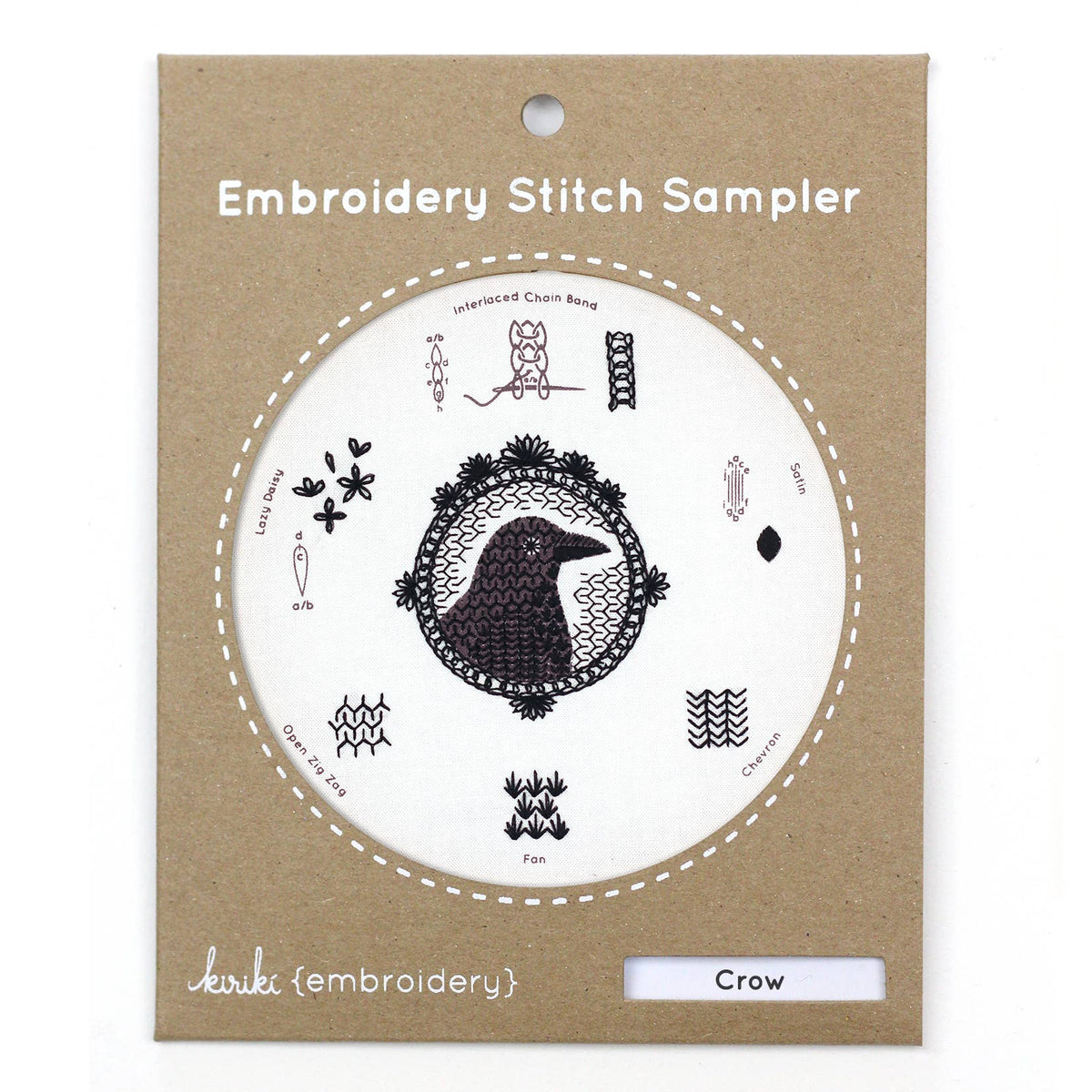 Embroidery Stitch Sampler with crow design on a brown package