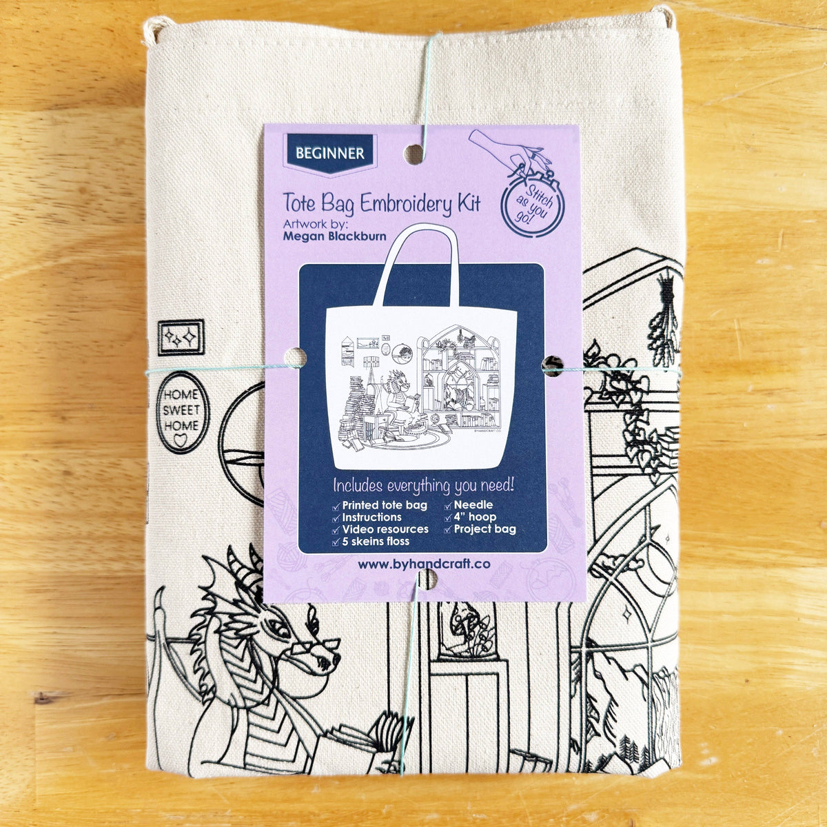 Tote Bag Hand Embroidery Kit - Book Dragon