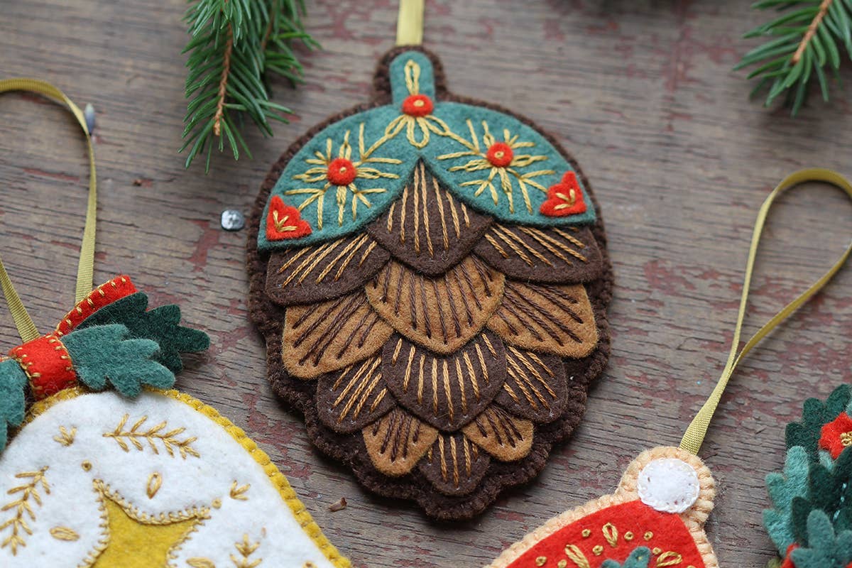 Hand Embroidered Felt Ornament Kit - Pinecone