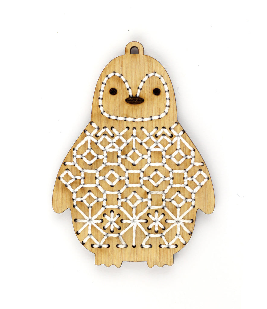 Hand Embroidered Wood Ornament Kit - Penguin