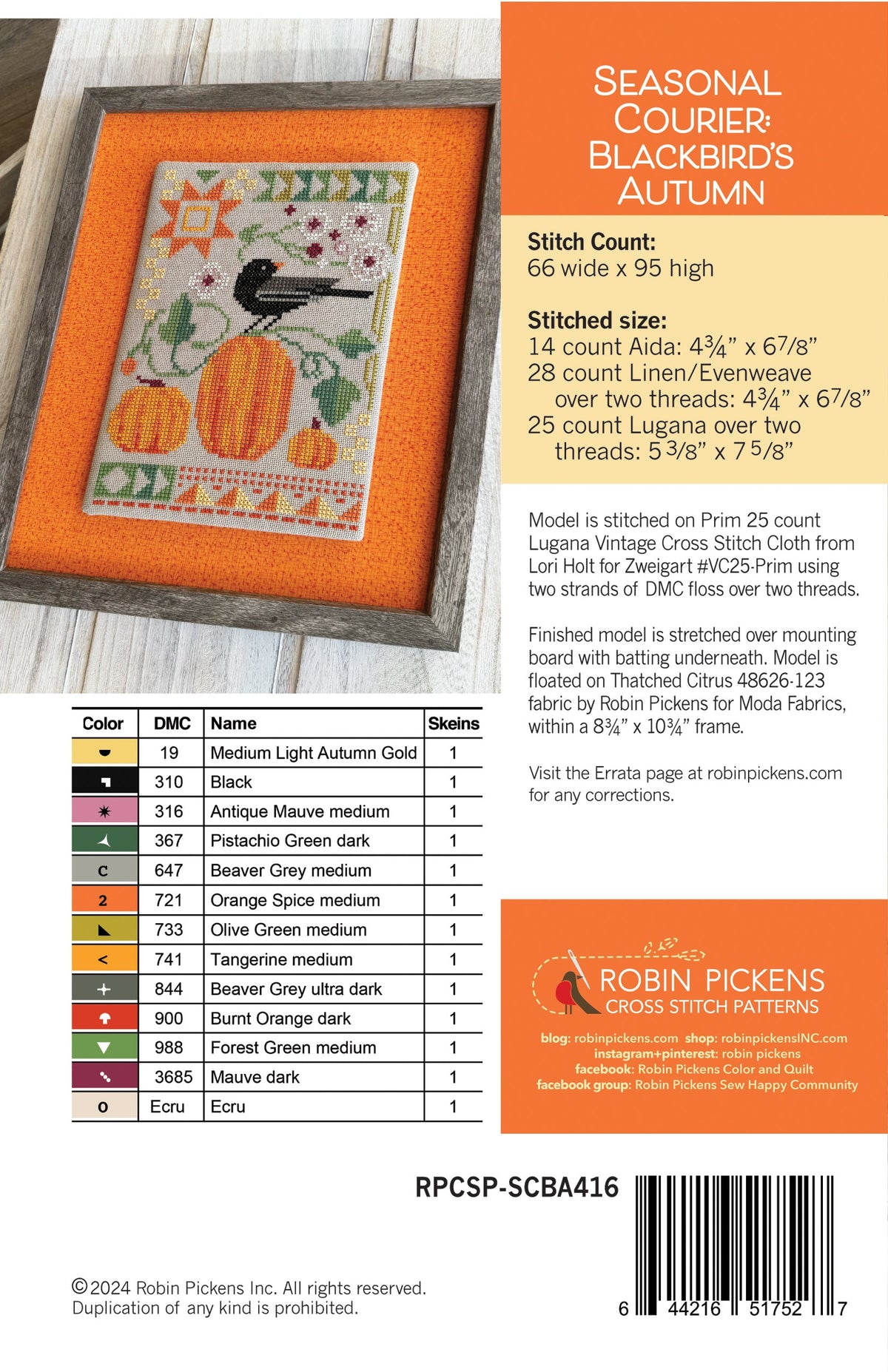 Seasonal Courier Cross Stitch Pattern - Blackbird&#39;s Autumn