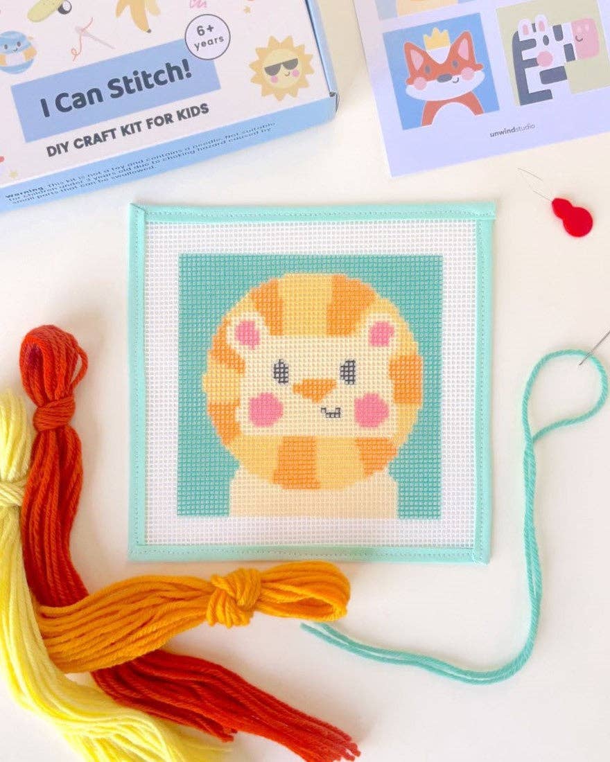 Needlepoint Kit for Kids - Leonardo, the Lion-Stitched Modern