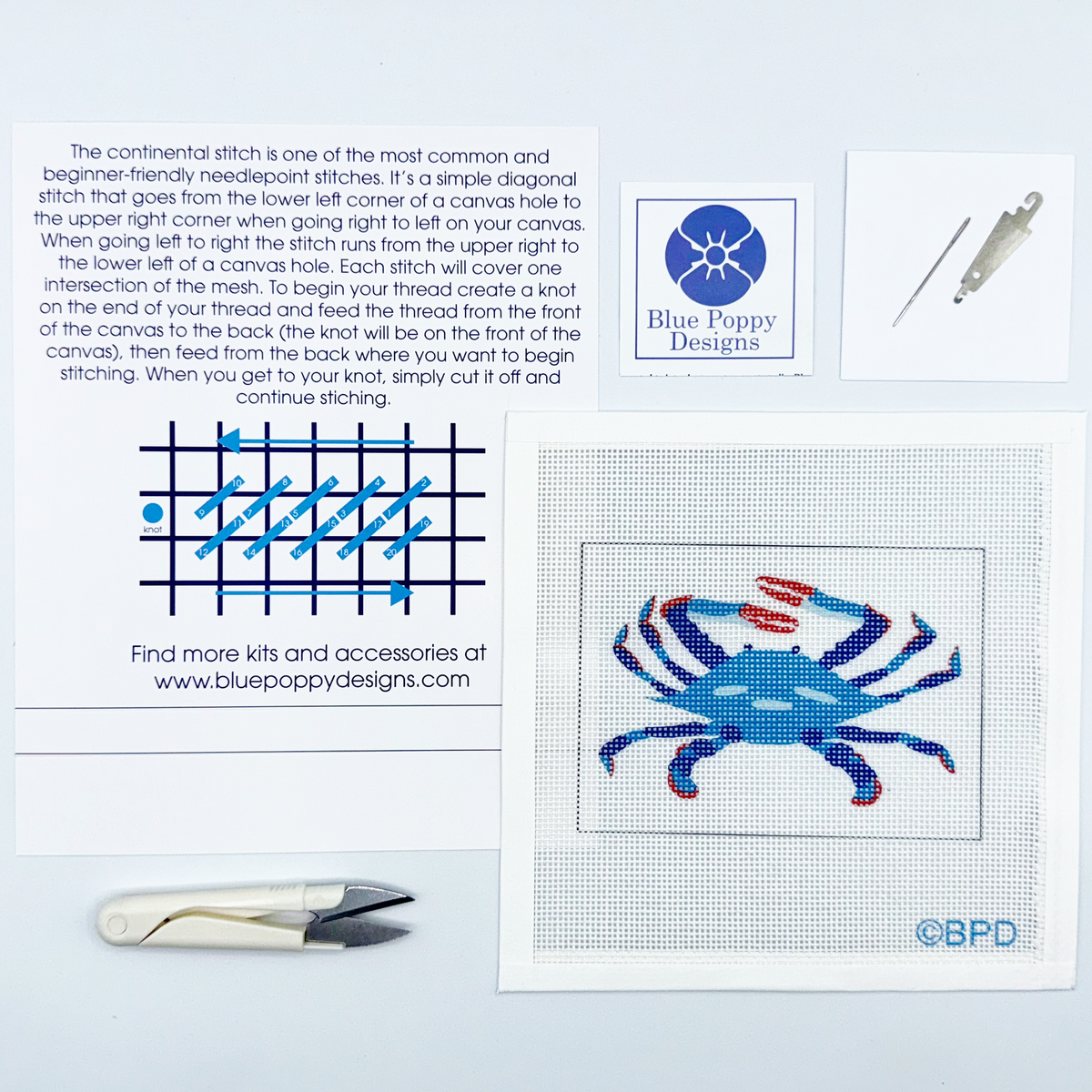 Blue Crab Needlepoint Kit-Stitched Modern