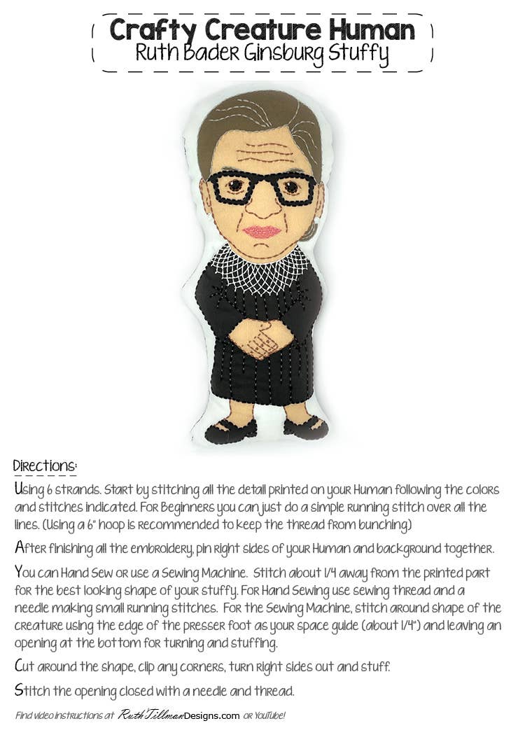 Ruth Bader Ginsberg Stuffie Hand Embroidery Kit-Stitched Modern