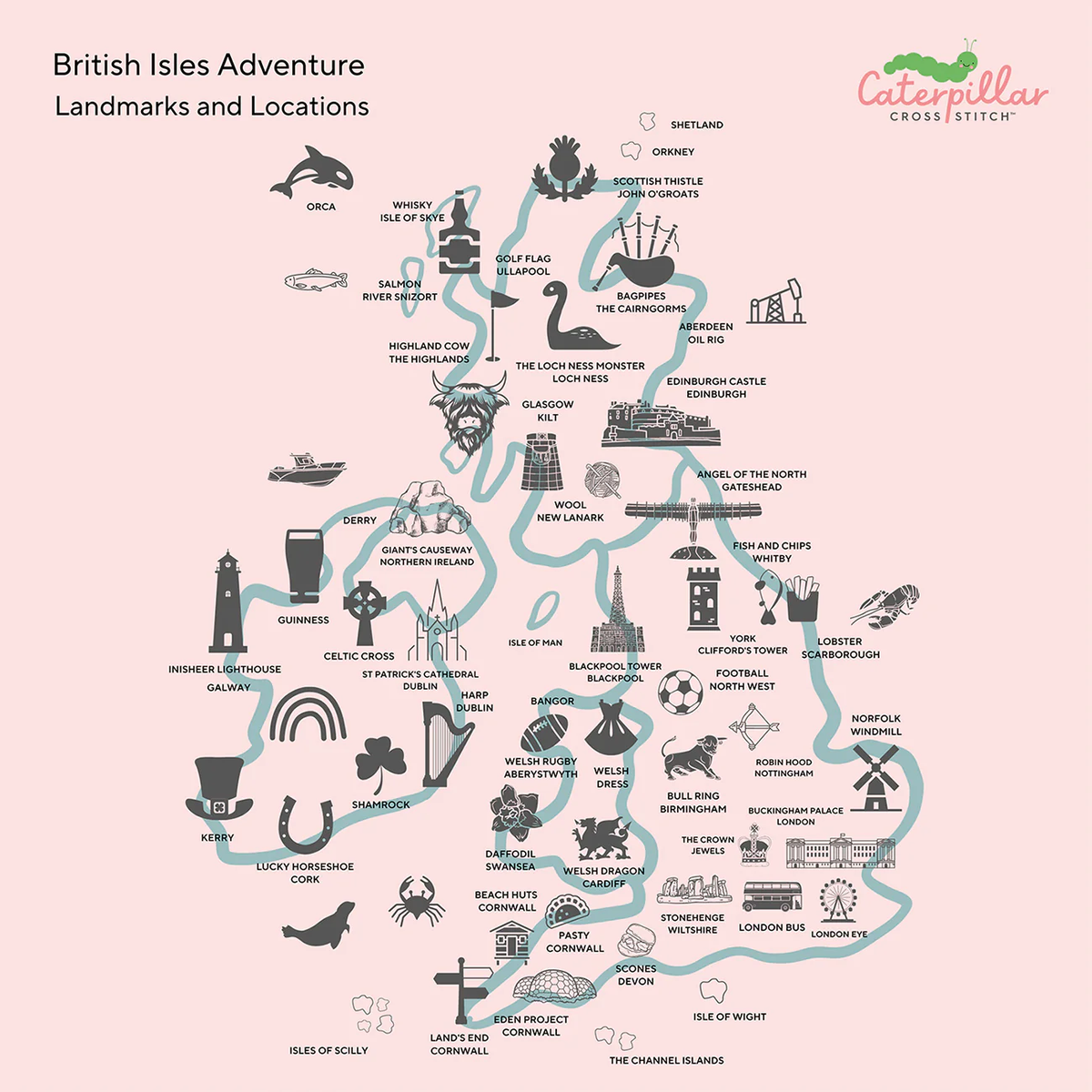 British Isles Adventure Cross Stitch Pattern-Stitched Modern