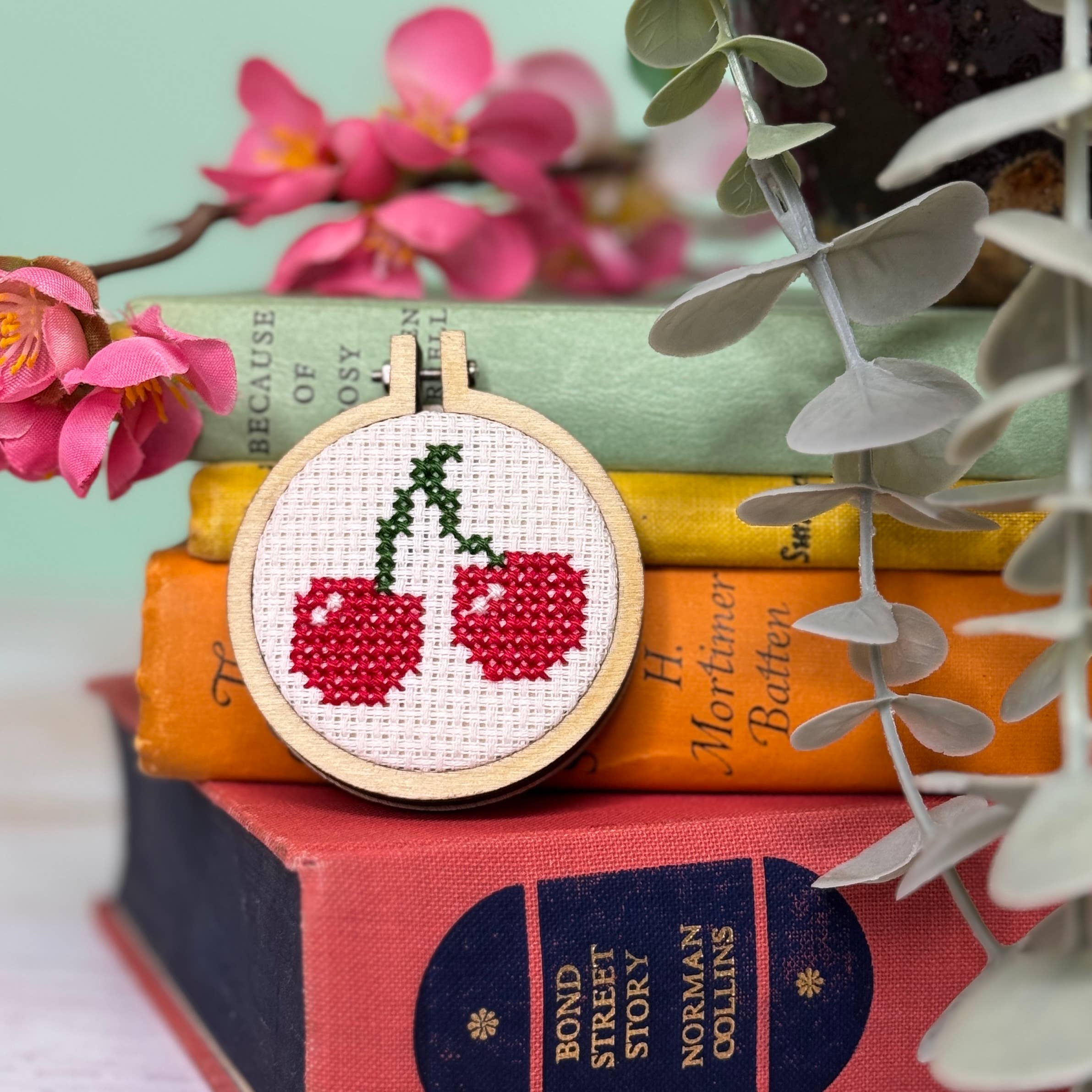 Matchbox Mini Cross Stitch Kit - I Love You Cherry Much - Stitched