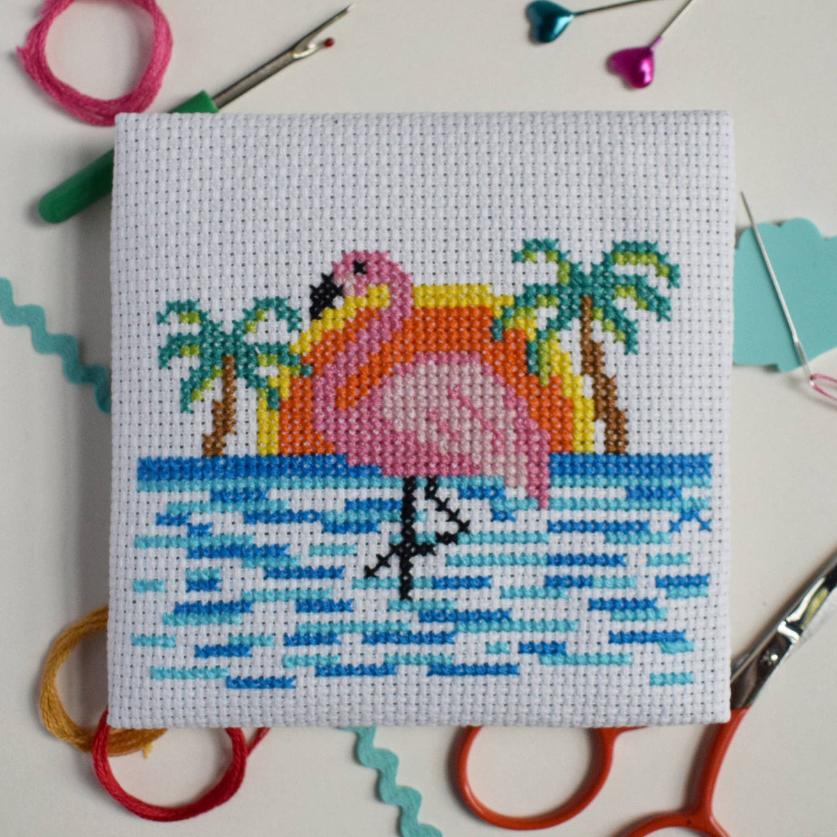 Flamingo Beach Mini Cross Stitch Kit-Stitched Modern
