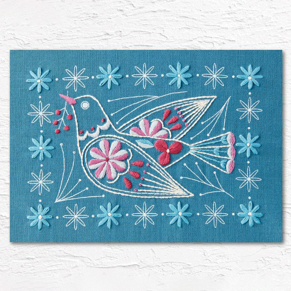 Dove With Flowers Hand Embroidery Kit - Vintage Blue