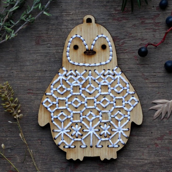 Hand Embroidered Wood Ornament Kit - Penguin