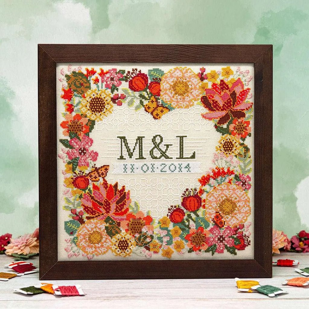 Modern Botanical Wedding Sampler Cross Stitch Pattern - Stitched