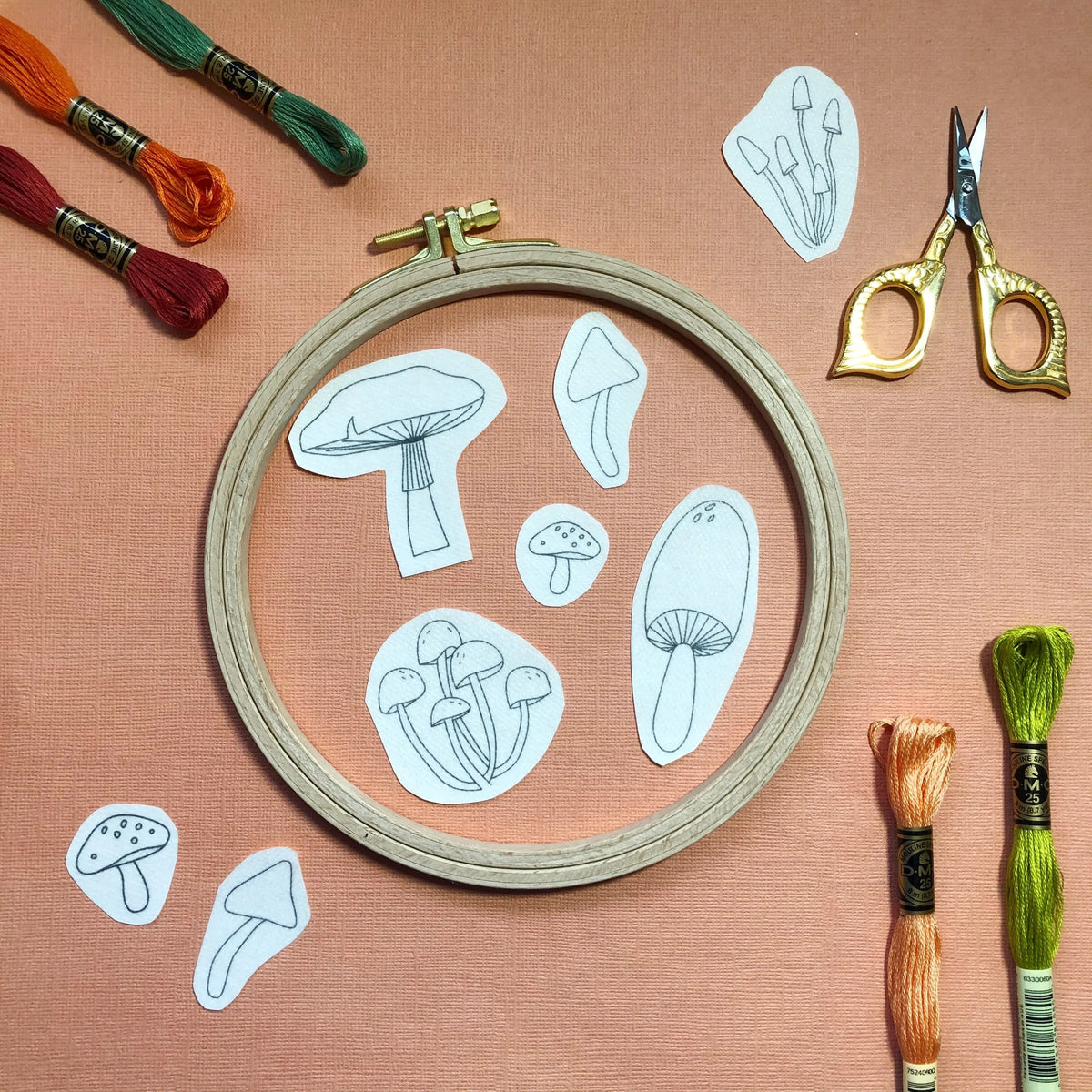 Peel, Stick, and Stitch Hand Embroidery Pattern -  Mushrooms