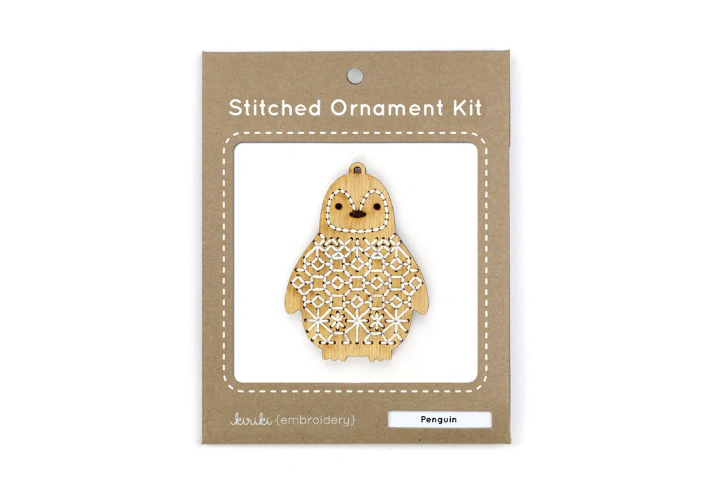 Hand Embroidered Wood Ornament Kit - Penguin
