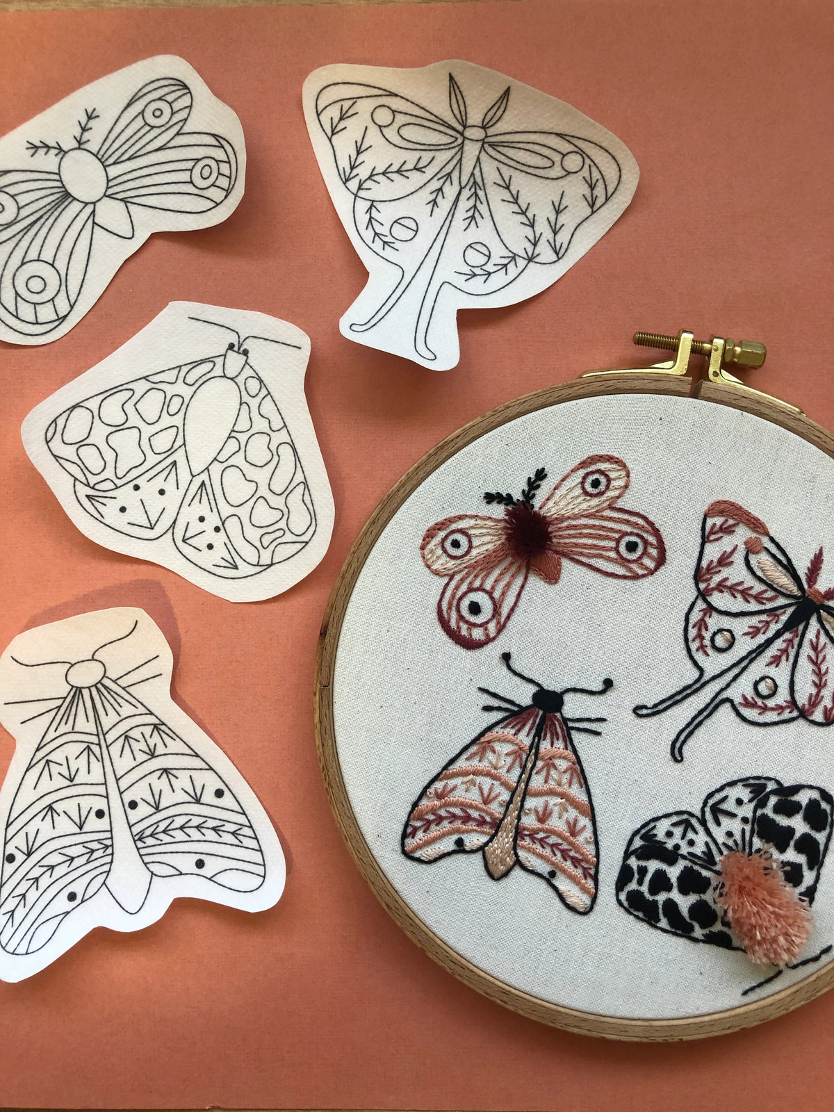 Peel, Stick, and Stitch Hand Embroidery Pattern -  Moths