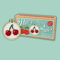 Matchbox Mini Cross Stitch Kit - I Love You Cherry Much - Stitched