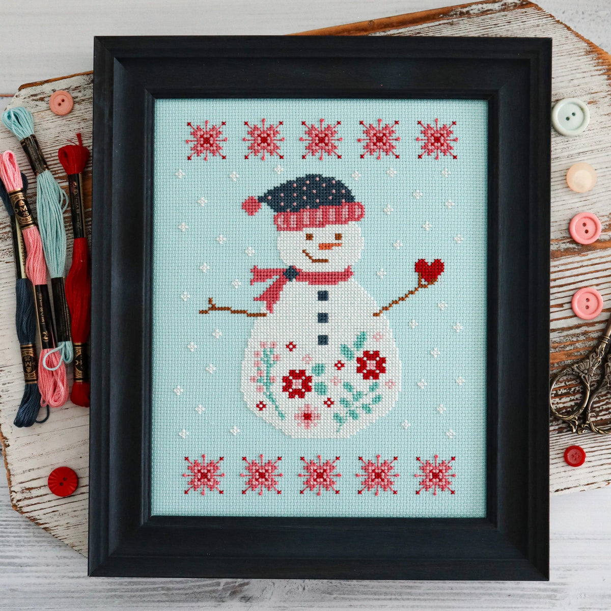 Frosted Blooms Snowman Cross Stitch Pattern