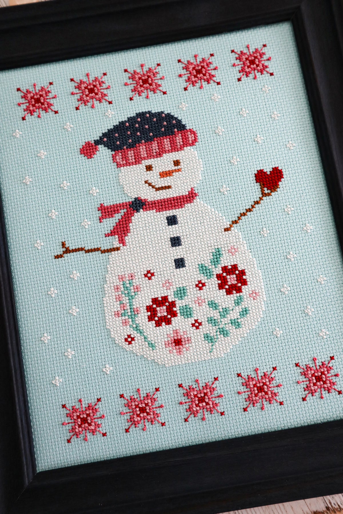 Frosted Blooms Snowman Cross Stitch Pattern