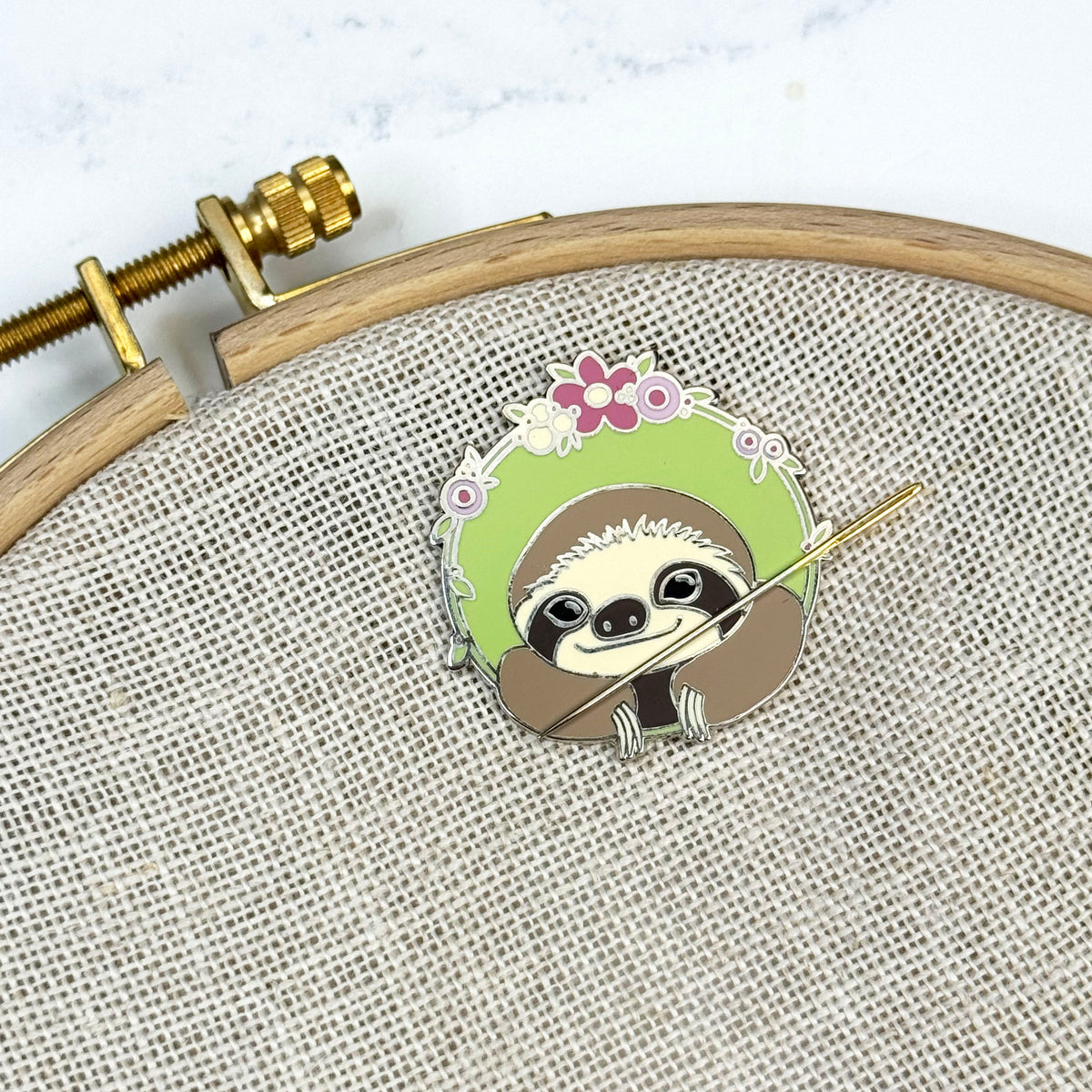 Happy Sloth Enamel Needle Minder