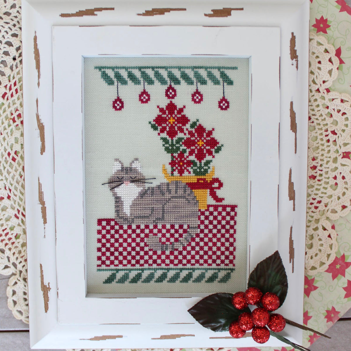 Dogs in the Garden Cross Stitch Pattern - Napping in the Poinsettias