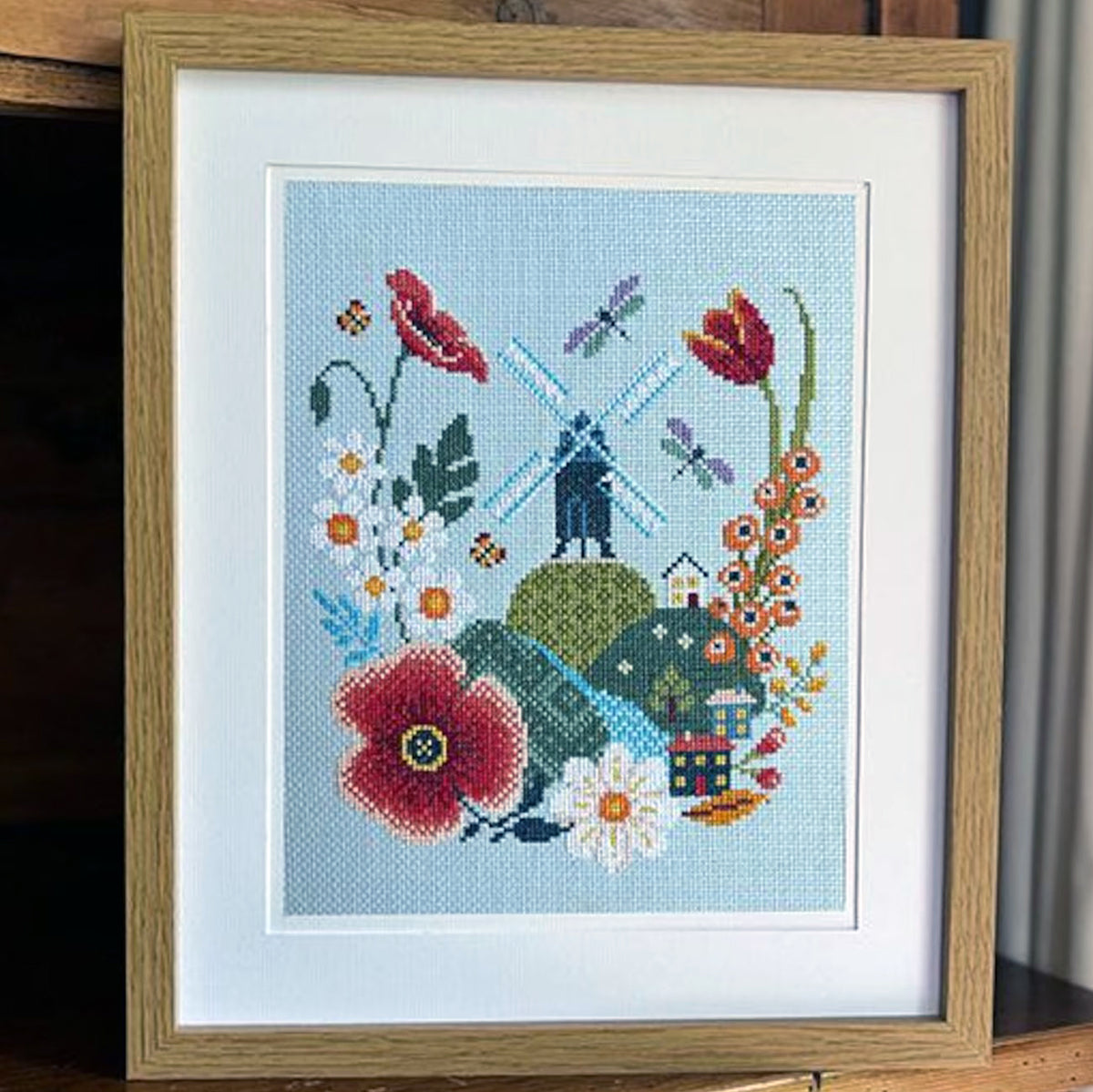Windmill & Flowers Cross Stitch Pattern