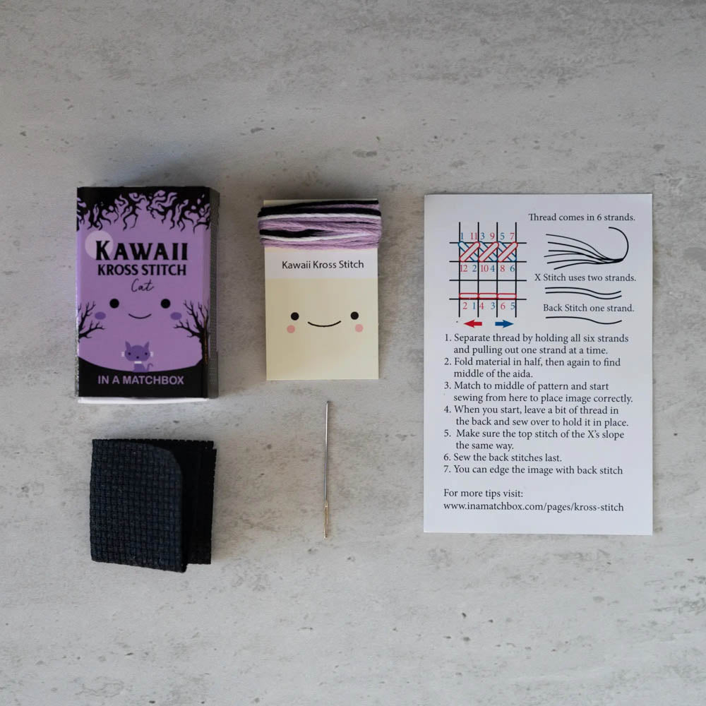 Kawaii Halloween Cat Mini Cross Stitch Kit in a Matchbox