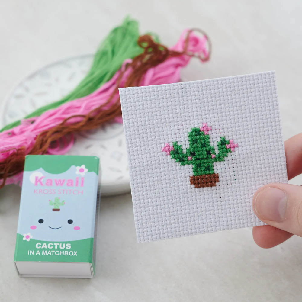 Kawaii Cactus Mini Cross Stitch Kit in a Matchbox