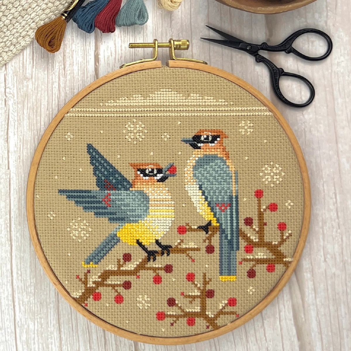 Wintry Waxwings Cross Stitch Pattern