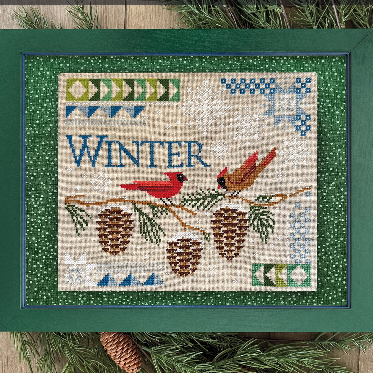 Courier Duos Cross Stitch Pattern - Winter Cardinals-Stitched Modern