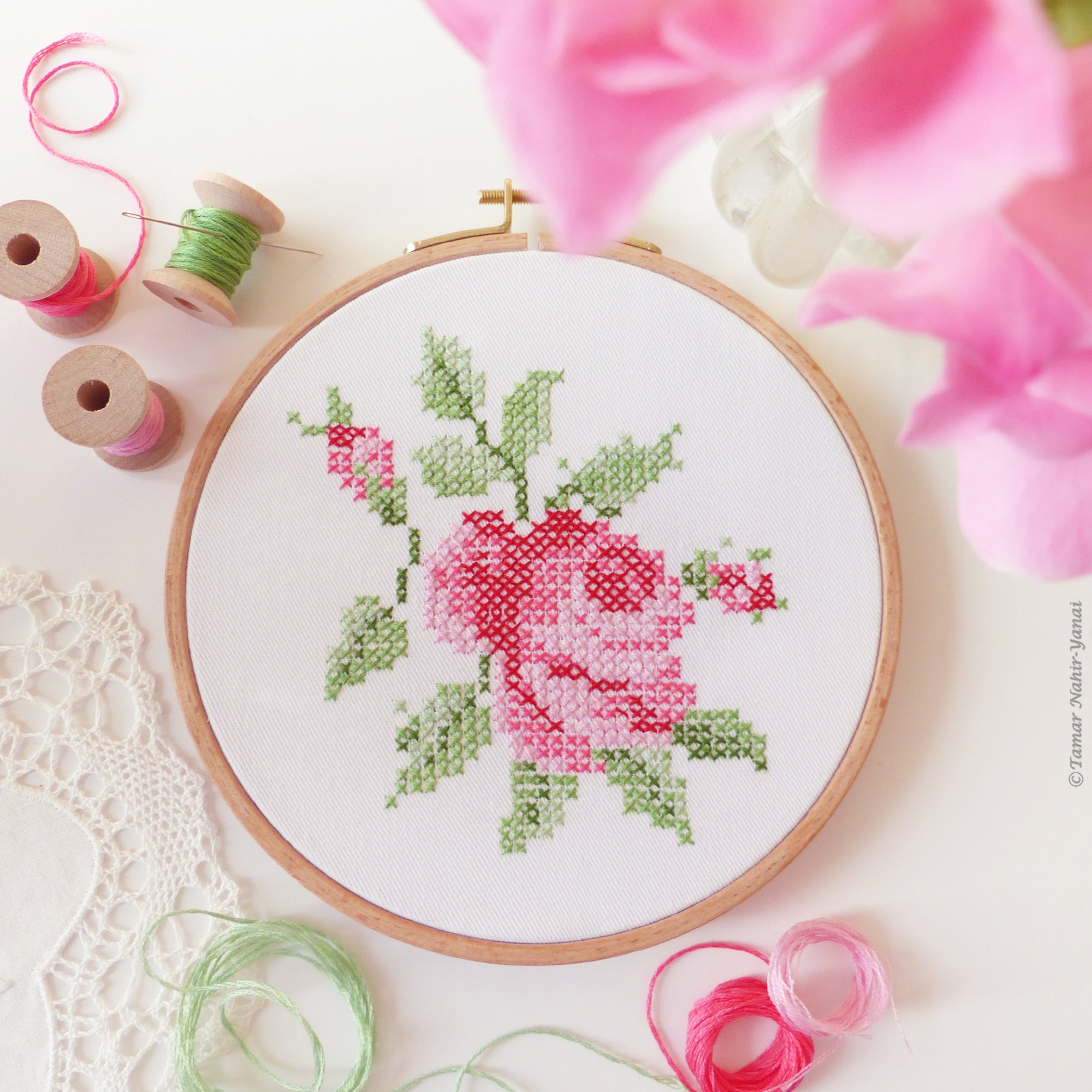 Real Stitched Roses Cross Stitch Rose Hand Embroidery Kit - Stitched Modern