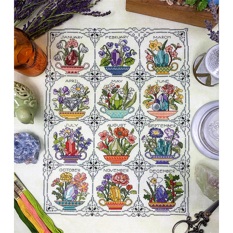 Birthstones and Flowers Cross Stitch Pattern