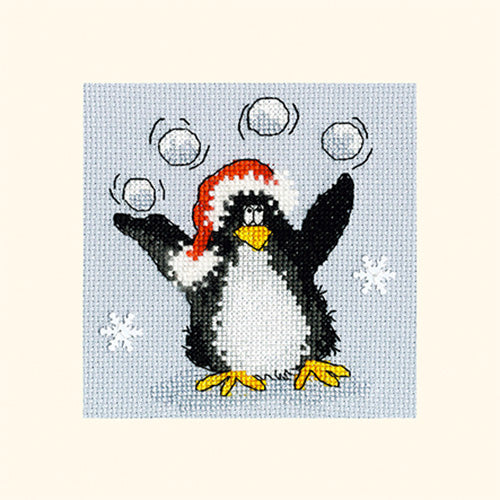 Penguin Cross Stitch Greeting Card Kit - Playing Snowballs