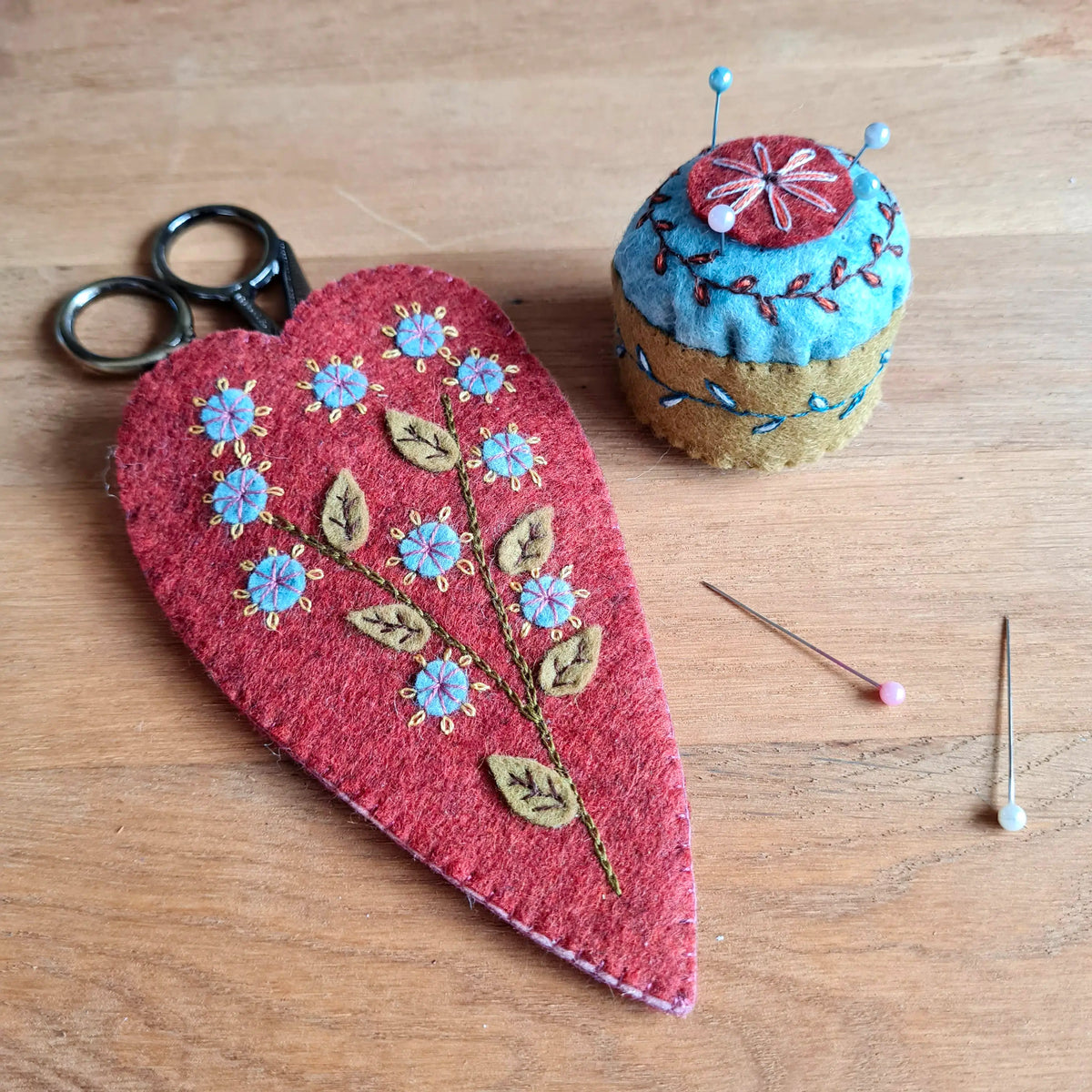 Hand Embroidered Felt Craft Kit - Scissor Case and Mini Pincushion
