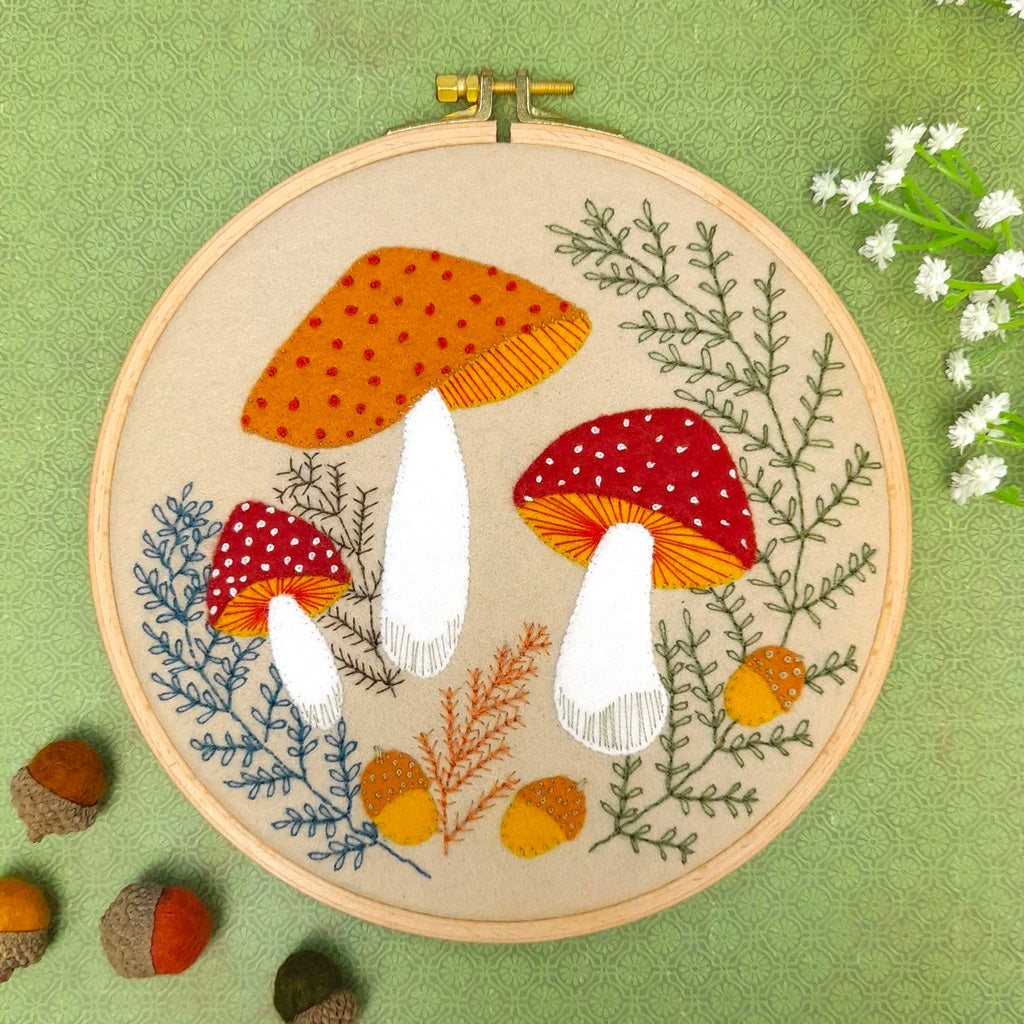 DIY Mushroom Pattern Embroidery Kit with Hoop Needlework Practice