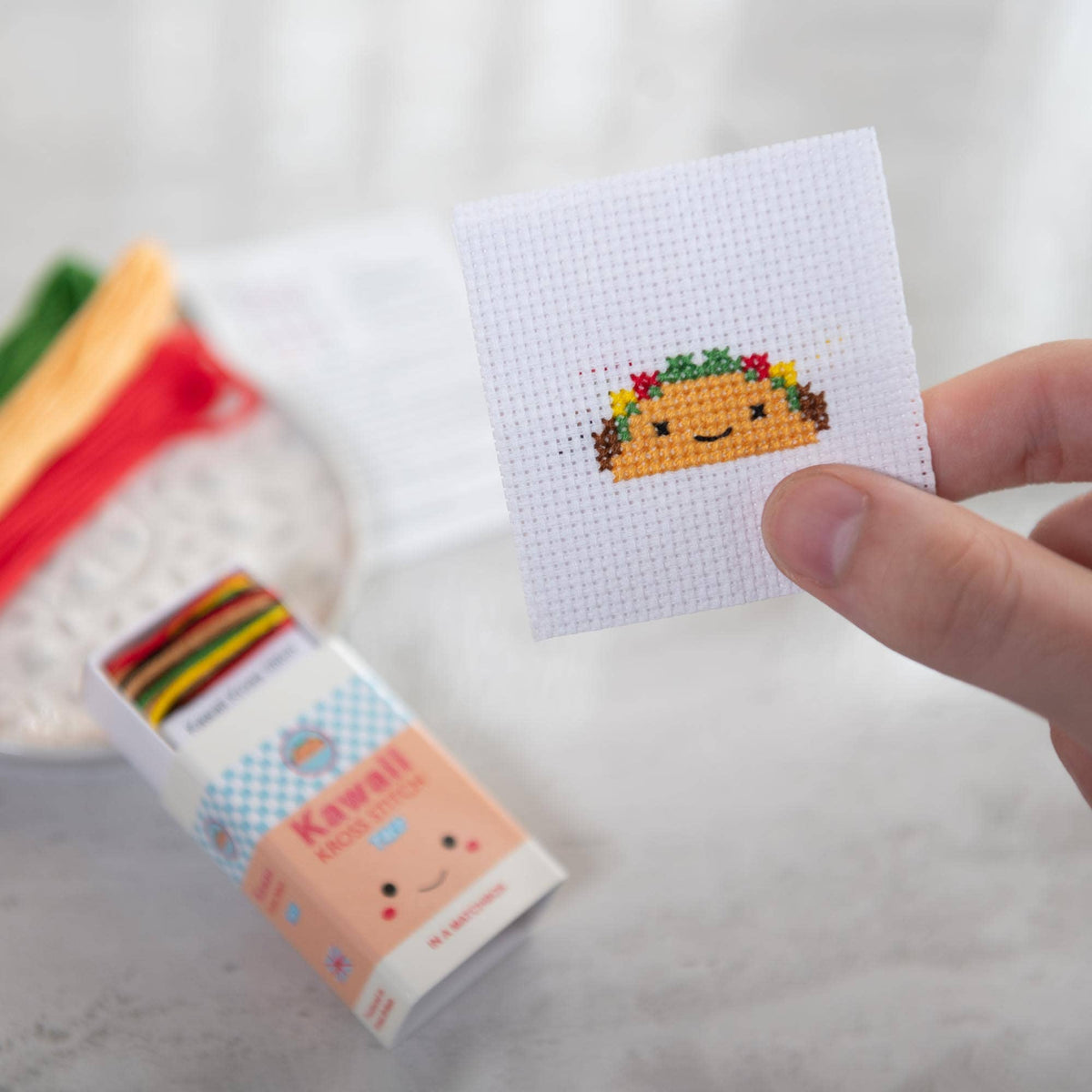 Kawaii Taco Mini Cross Stitch Kit in a Matchbox